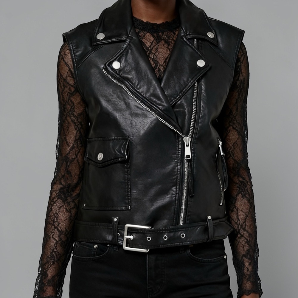 Free People Emilia Vegan Leather Moto Vest Black Waistcoat Biker Core size Small